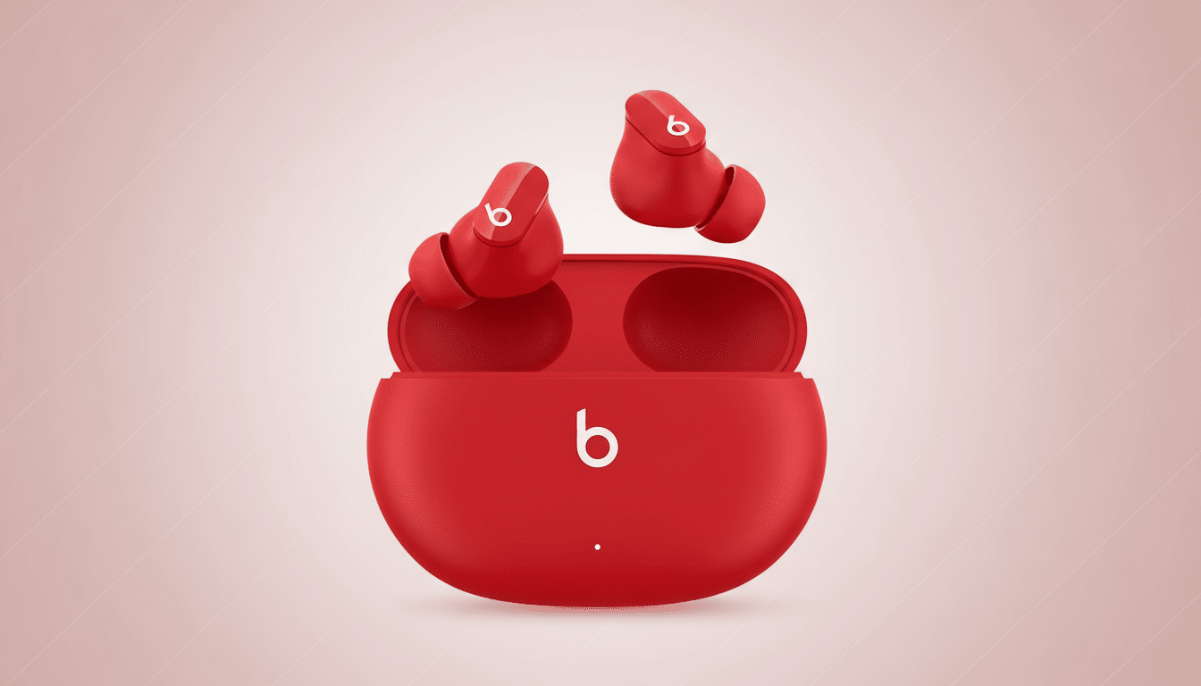 A pair of red Beats Studio Buds and their charging case on a soft gradient background. Filename : beatsstudio budsred . png