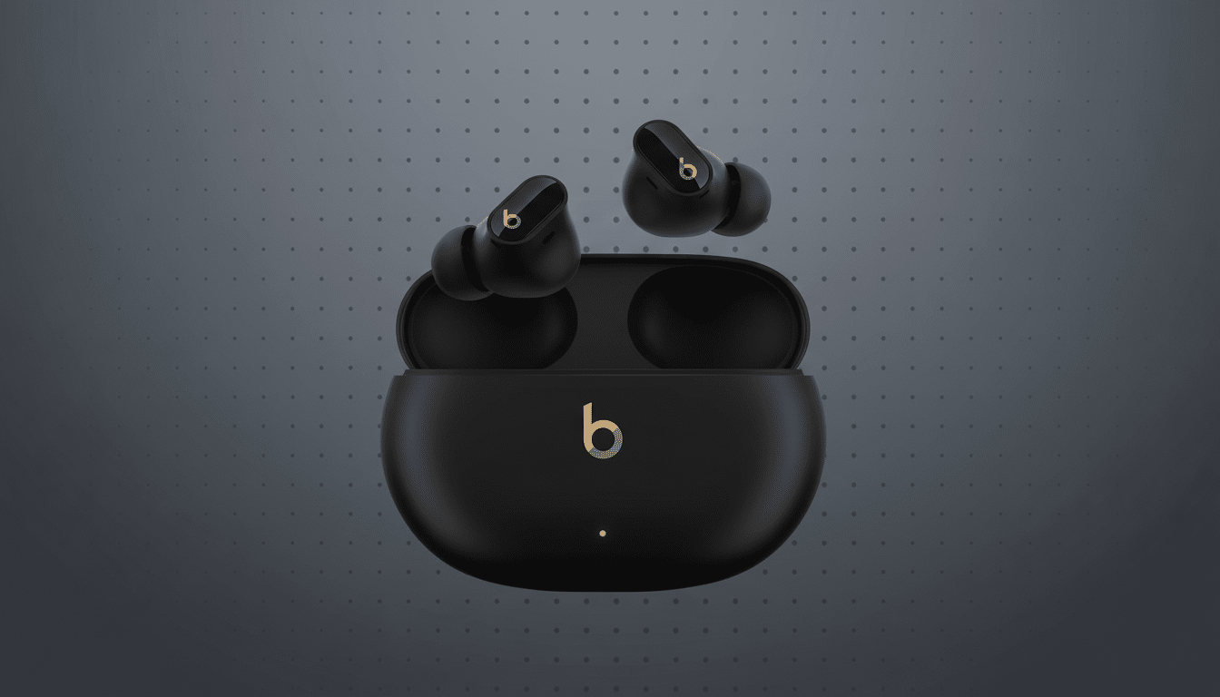 Black Beats Studio Buds with their charging case on a professional grey background with subtle dot patterns. Filename : beatsstudio budsprofessional .png