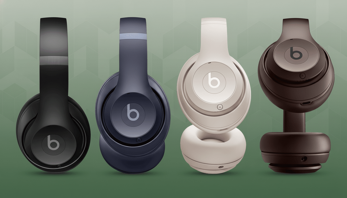 Four Beats Solo headphones in black, blue, beige, and brown are arranged horizontally against a professional green background with subtle gradient and