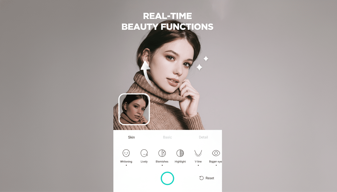 A professional screen capture of a beauty app interface, showing a young woman' s face with  Real-Time Beauty Functions text. An inset photo displays a before-and- after comparison, and various beauty editing options like Whitening, Lively, and Blemishes  are visible at the bottom.
