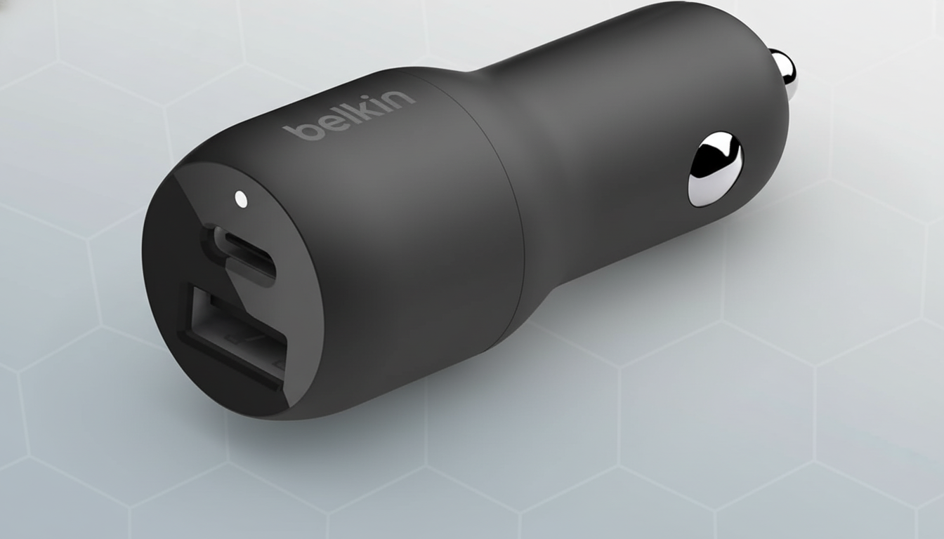 A black Belkin car charger with USB-A and USB-C ports, presented on a professional flat design background with a subtle hexagonal pattern.