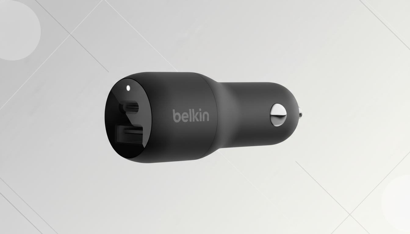 A black Belkin dual-port USB car charger is centered on a light gray background with subtle, abstract geometric patterns.