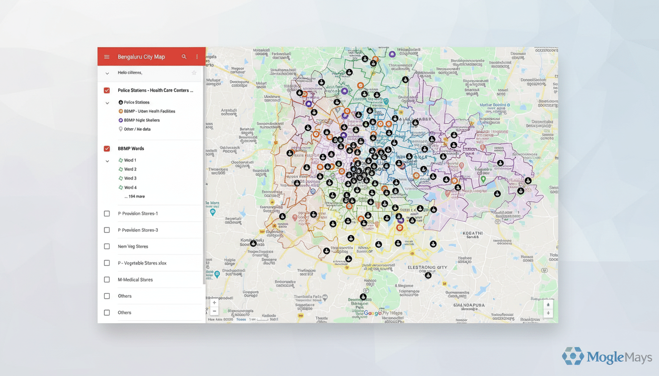 Screenshot of a map of Bengaluru City with various locations marked by icons , and a sidebar showing data categories like  Police Stations,  BBMP W ards, and  Provision Stores. Filename : bengaluru citymap data.png