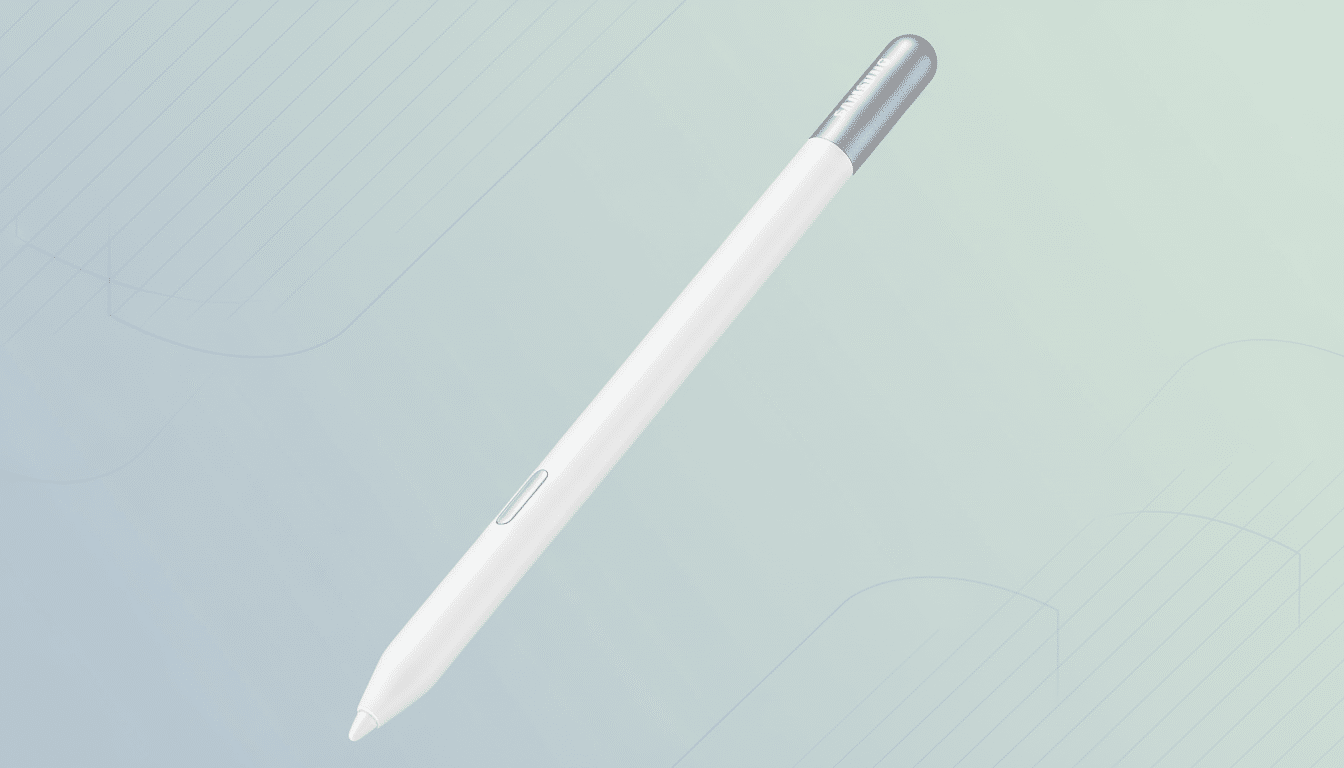 A white Samsung S Pen with a silver cap, set against a professional soft gradient background with subtle patterns.