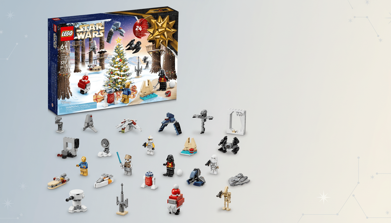 A 16:9 aspect ratio image featuring a Lego Star Wars Advent Calendar box in the upper left corner and various small Lego Star Wars figures and mini -build s arranged in front of it. The background is a professional flat design with a soft blue gradient and subtle star-like patterns. Filename : legostar warsad ventcalendar 169 . png