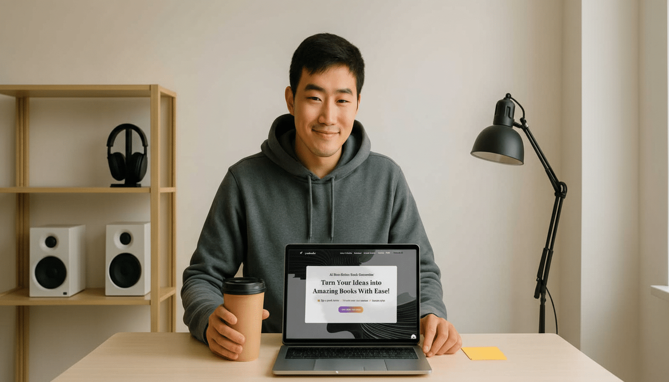 A young man sitting at a desk with a laptop displaying a book generator interface and holding a coffee cup, resized to a 16: 9 aspect ratio.