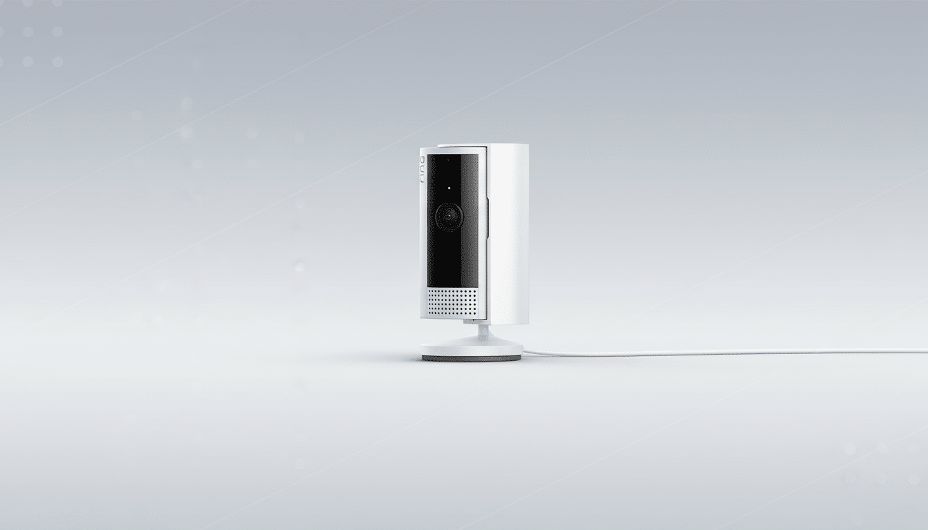 professional - grade home security camera with a sleek white and black design, placed on a light gra