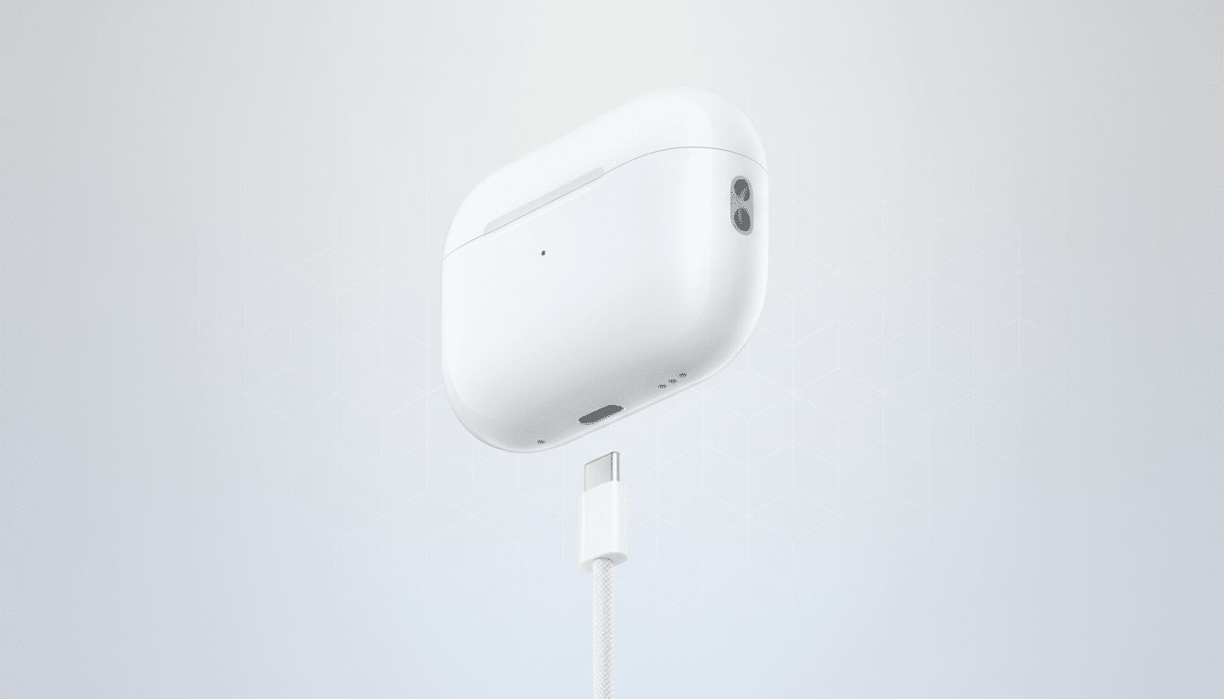 White Apple AirPods Pro charging case with a USB-C cable plugged in, set against a subtle, light gray gradient background with a faint geometric patte