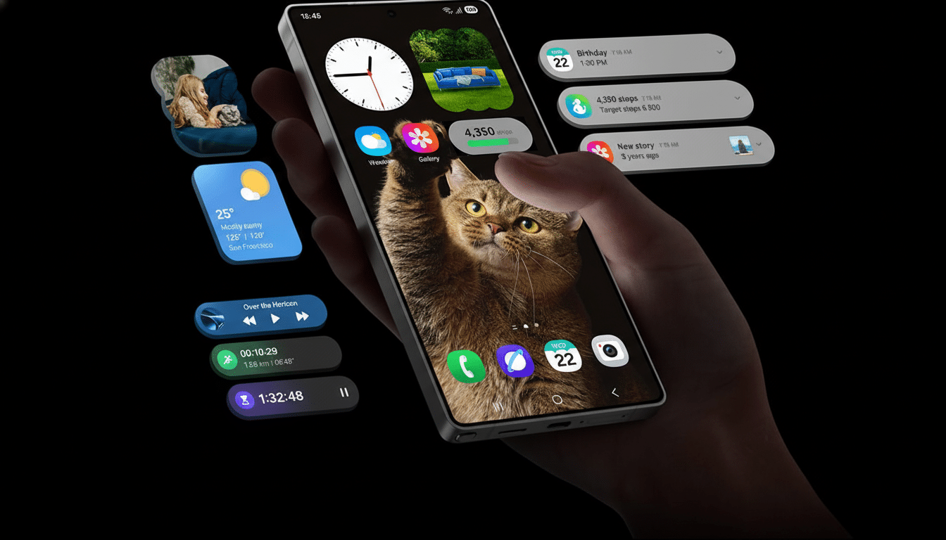 A hand holding a smartphone displaying a cat on the screen, surrounded by various app widgets and notifications .