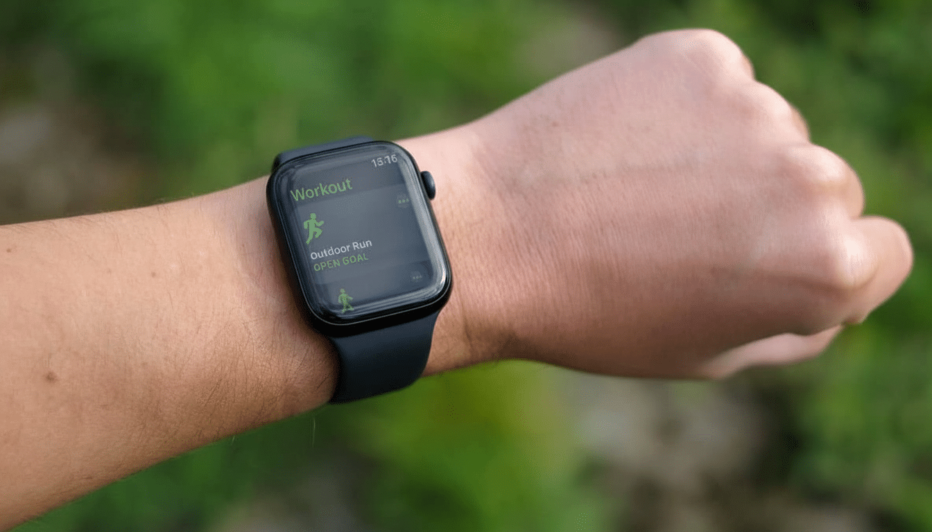 A close -up shot of a persons wrist wearing an Apple Watch, displaying the Workout app with Outdoor Run and Open Goal selected. The background is a na