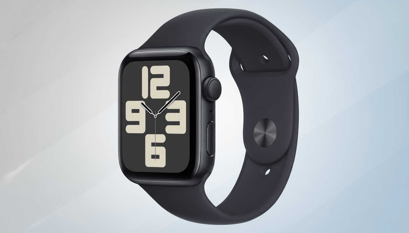 A dark blue Apple Watch with a matching band , set against a professional light grey and blue gradient background with subtle geometric patterns, resized to a 1 6:9 aspect ratio. Filename : apple watchblue 1 6x 9. png