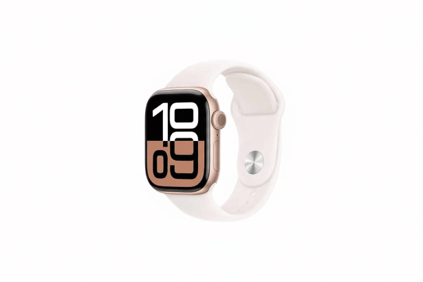 A gold-c ased Apple Watch with a white band, displaying the time 10: 0 9, centered on a white background, adjusted to a 16: 9 aspect ratio.