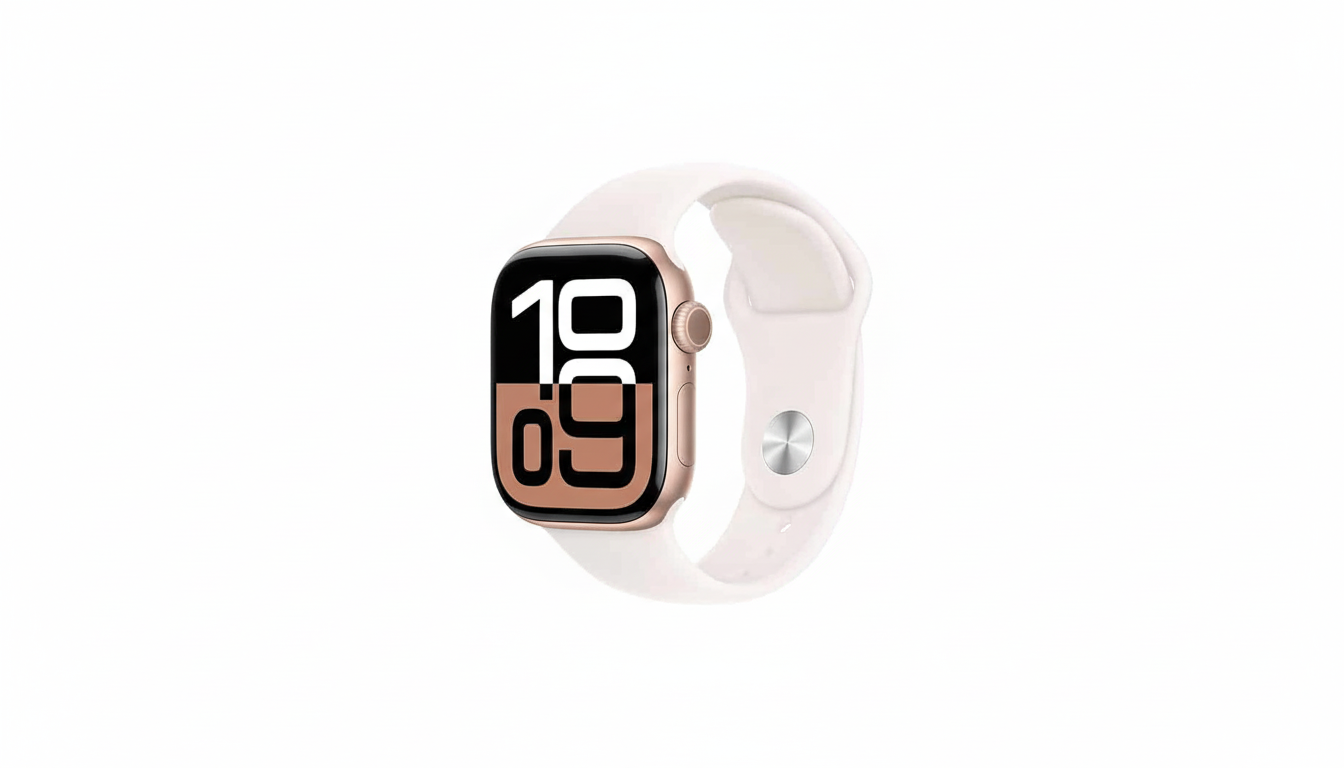A gold-c ased Apple Watch with a white band, displaying the time 10: 0 9, centered on a white background, adjusted to a 16: 9 aspect ratio.