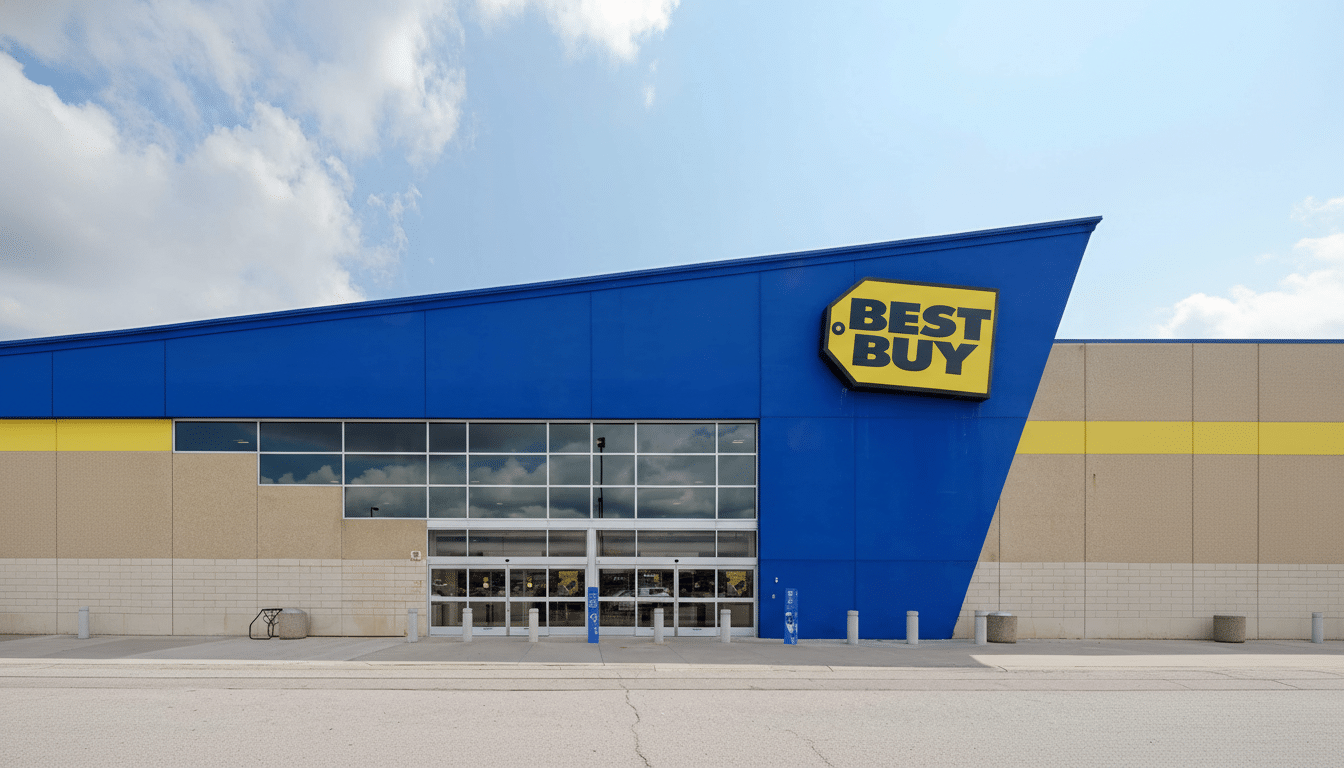 The exterior of a Best Buy store with its blue and yellow facade under a partly cloudy sky.