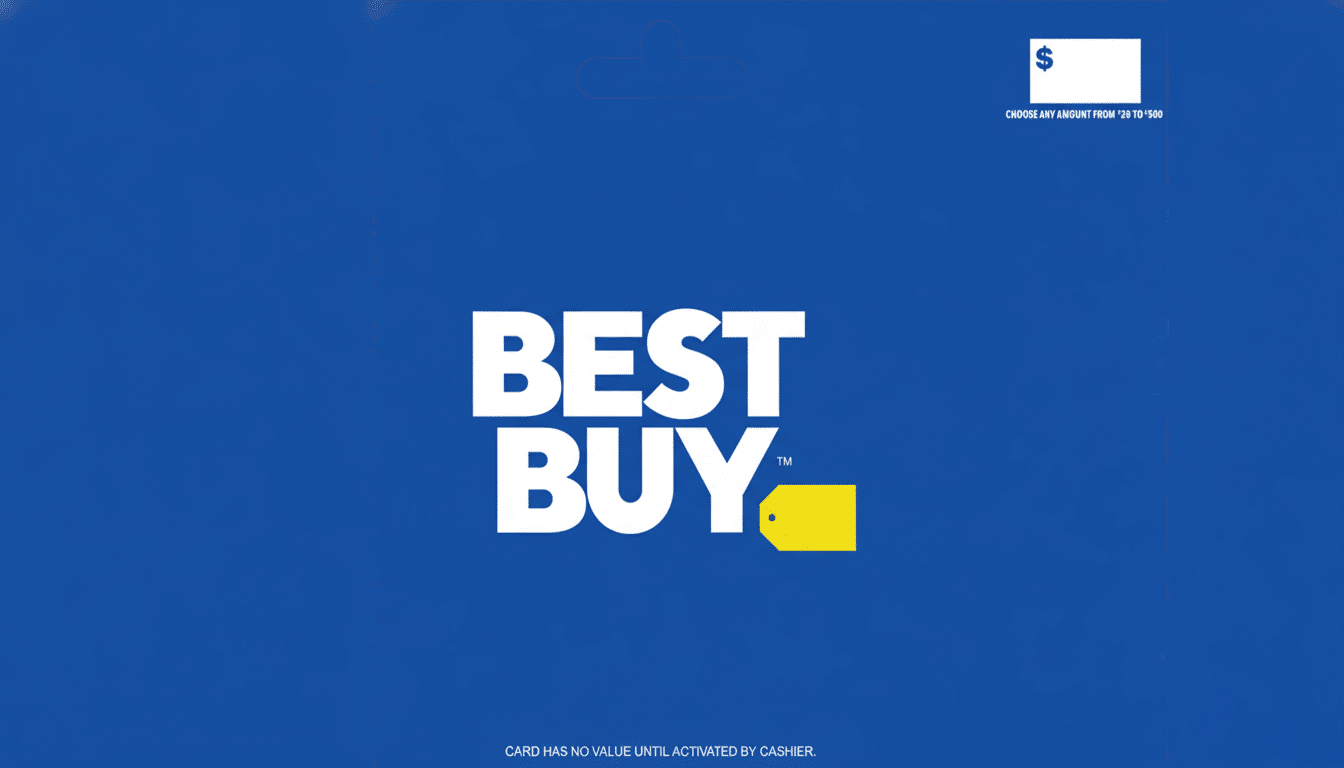 A Best Buy gift card on a flat blue background, resized to a 16: 9 aspect ratio. The card is blue with the white  BEST BUY logo and a yellow price tag icon .