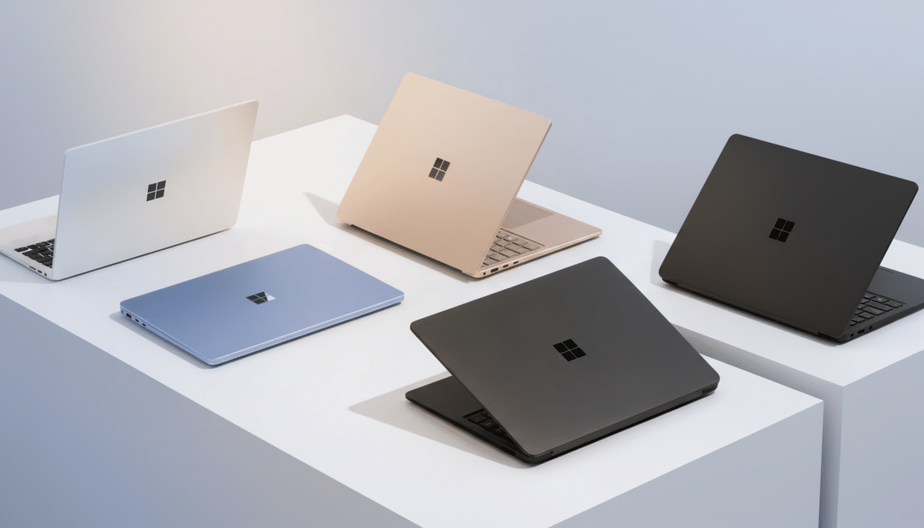 Four Microsoft Surface laptops in white, tan, blue, and black, arranged on white blocks against a light gray background, resized to a 16: 9 aspect rat