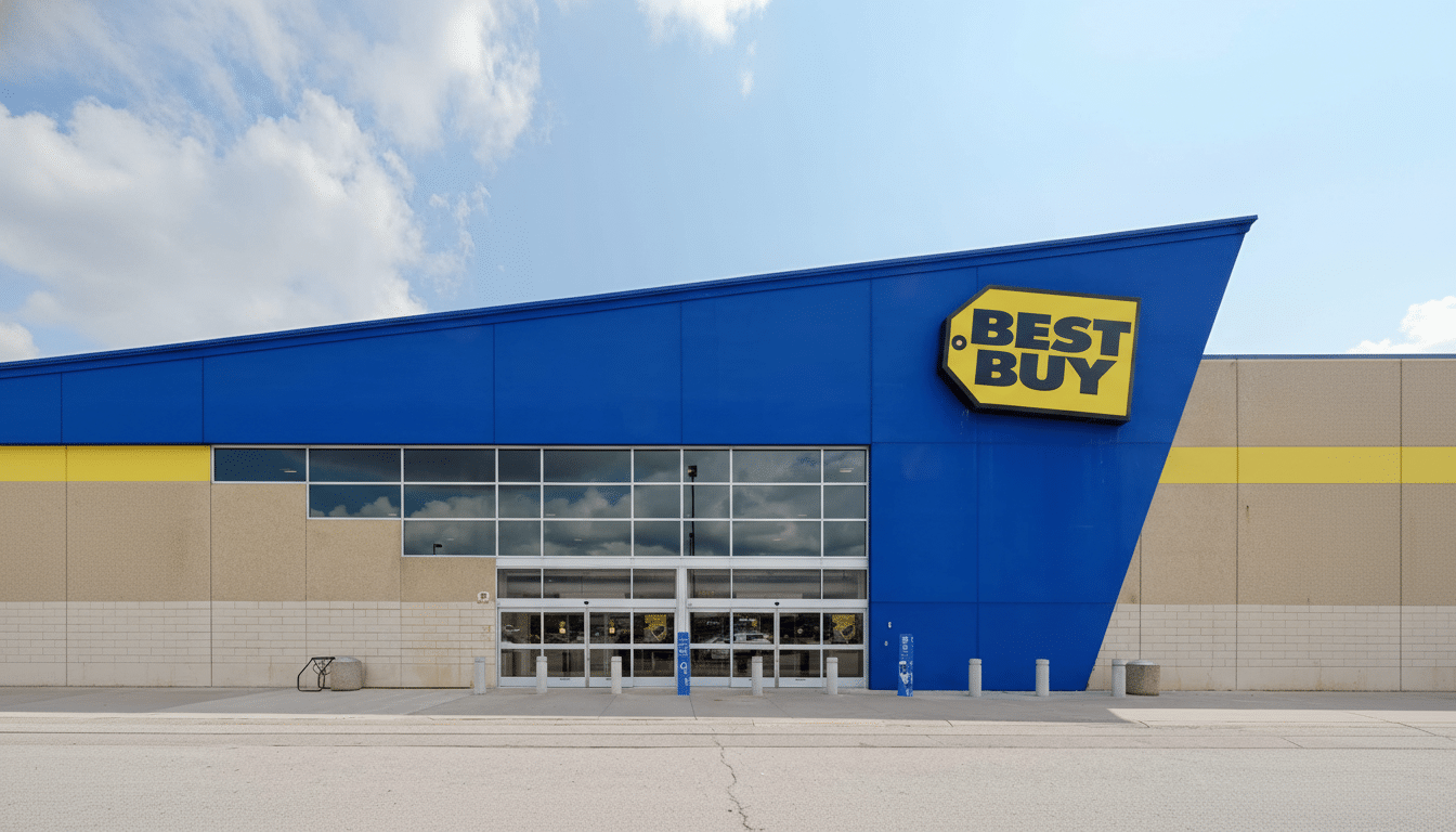The exterior of a Best Buy retail store with its iconic blue and yellow facade under a partly cloudy sky.