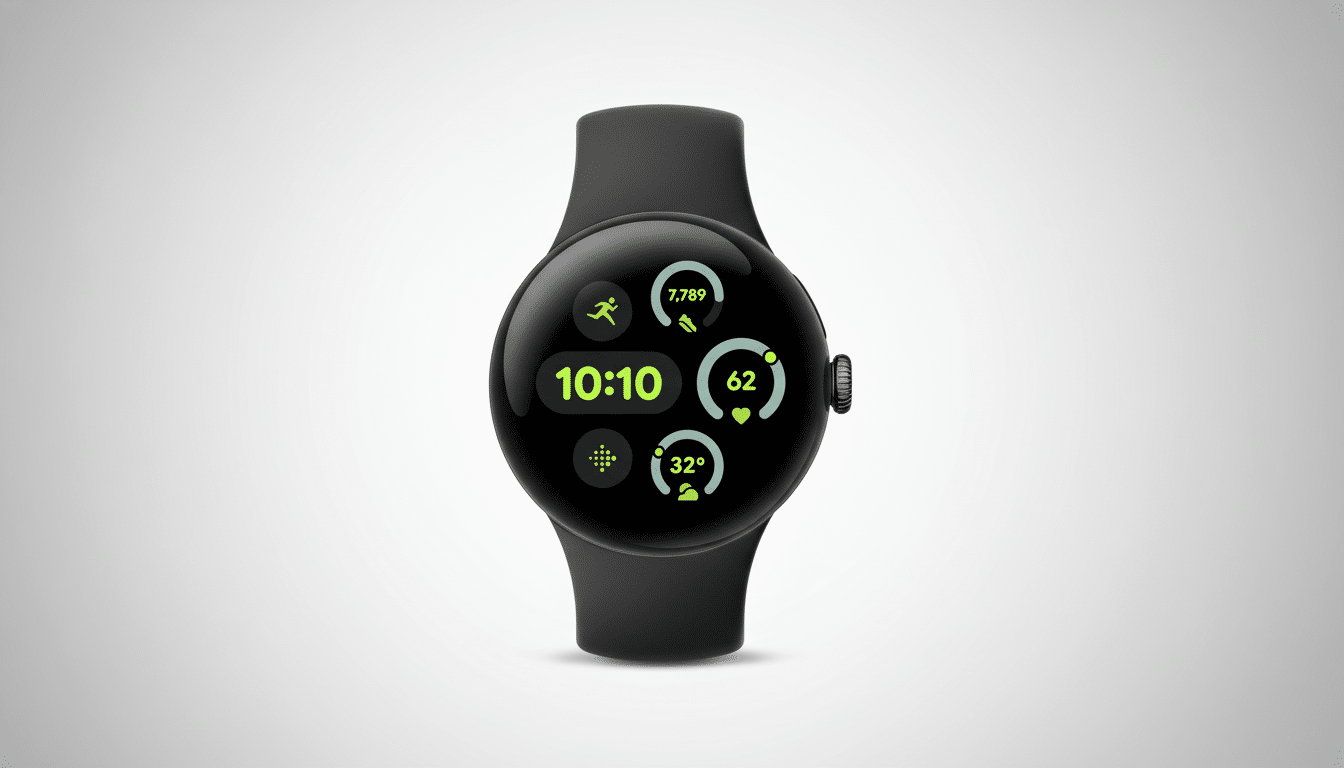 A black Google Pixel Watch displaying the time 10 :10, fitness tracking data with 7,7 89 steps, a heart rate of 62, and a temperature of 32 degrees Celsius , set against a professional light grey background with a subtle gradient.