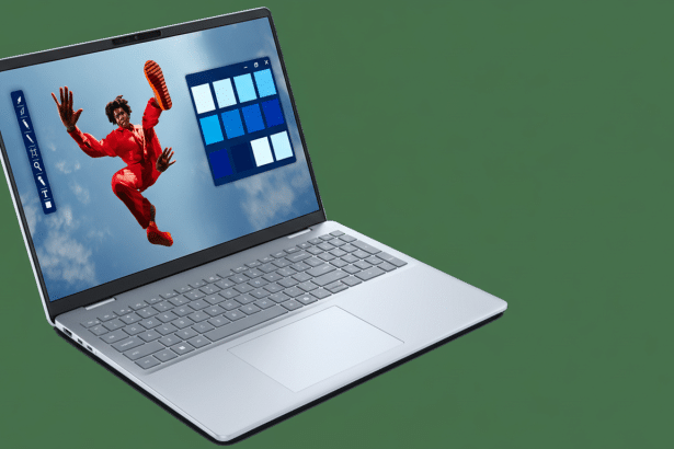 A professional shot of a silver laptop, displaying an image of a person in red mid -air against a blue sky, with a color palette overlay on the screen. The background is a solid dark green. Filename : silver laptopdisplay ingperson inred. png