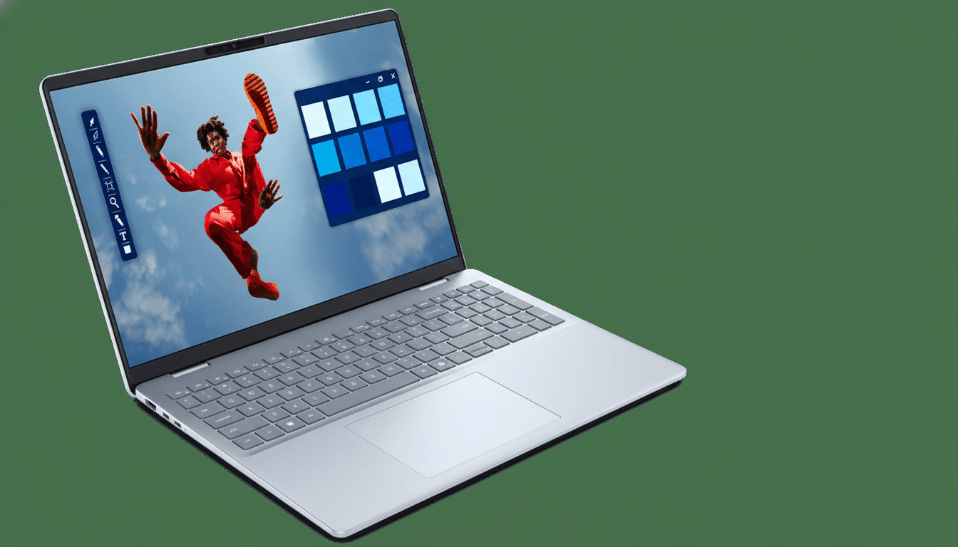 A professional shot of a silver laptop, displaying an image of a person in red mid -air against a blue sky, with a color palette overlay on the screen. The background is a solid dark green. Filename : silver laptopdisplay ingperson inred. png