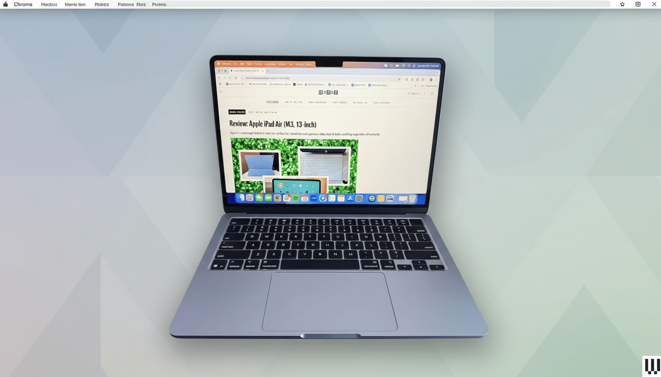 A silver MacBook Air displaying a review of the Apple iPad Air ( M3, 13-inch ) on the Wired website, set against a professional background with soft g