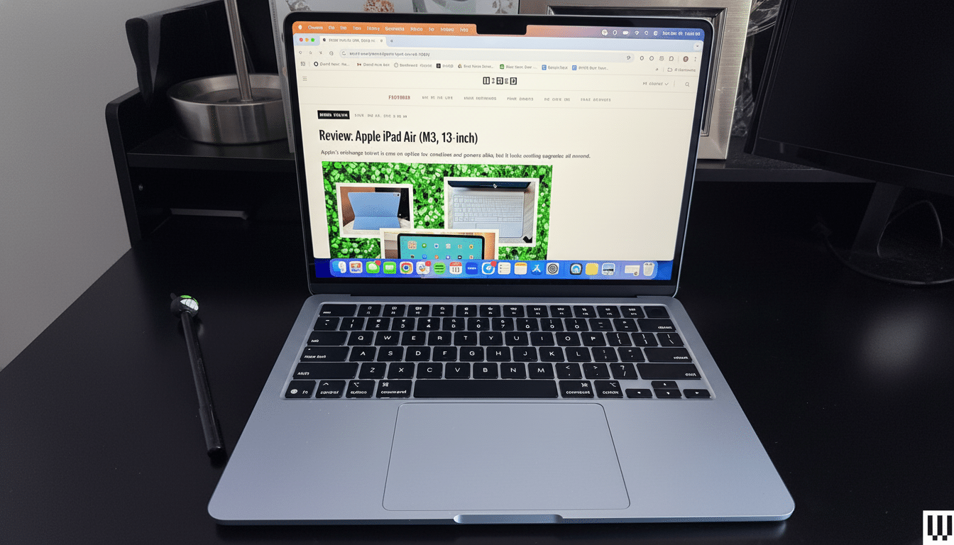 A MacBook Air displaying a Review: Apple iPad Air (M3 , 13 -inch) article on Wired .com , with a stylus resting next to it on a dark desk.