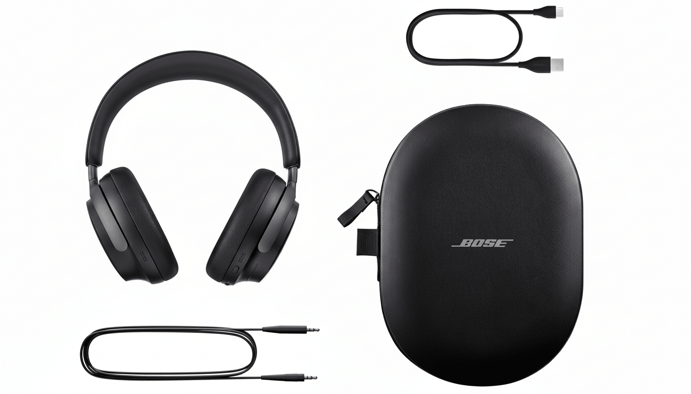 A professional overhead shot of black Bose headphones with their accessories and carrying case, set against a pristine white background.