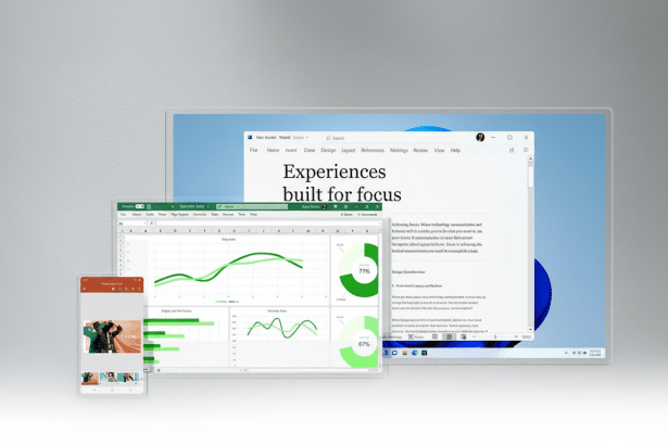 Multiple digital devices displaying various applications, including a word processor, spreadsheet with charts, and a mobile app, all showcasing data a