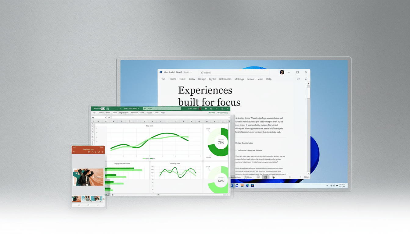 Multiple digital devices displaying various applications, including a word processor, spreadsheet with charts, and a mobile app, all showcasing data a