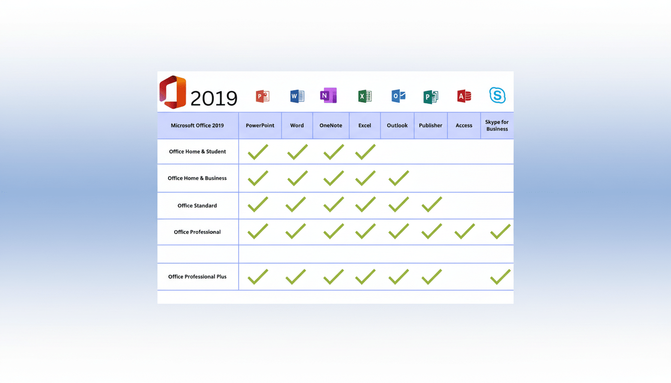 A 16: 9 aspect ratio image of a Microsoft Office 2019 comparison chart, showing the applications included in different editions like Home & Student, H