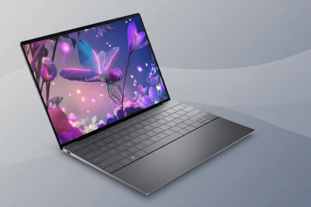 A modern laptop with a vibrant screen displaying an artistic image of a dragonfly and glowing flowers, set against a professional grey background with