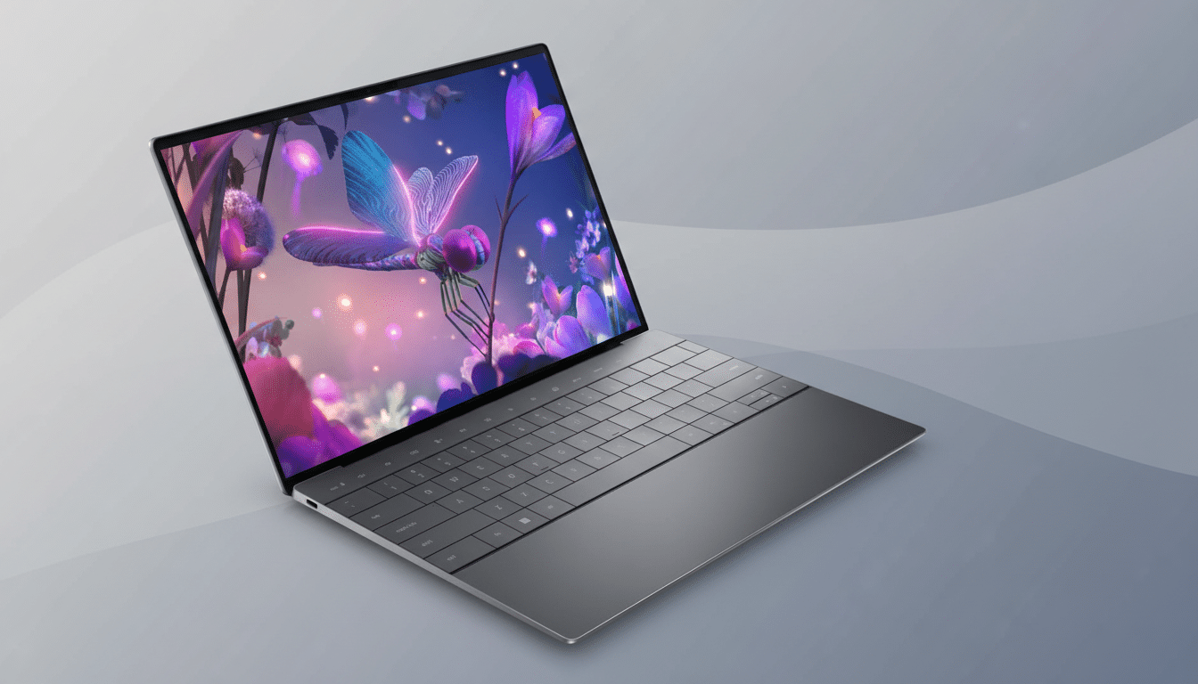 A modern laptop with a vibrant screen displaying an artistic image of a dragonfly and glowing flowers, set against a professional grey background with