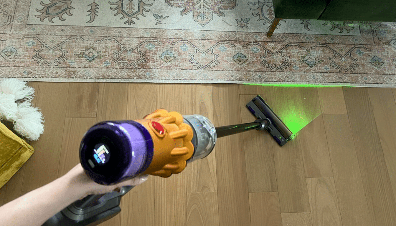 A hand holds a Dyson vacuum cleaner with a green laser shining from its head onto a wooden floor, with a patterned rug and green velvet armchair visib
