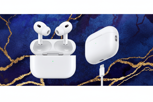 White Apple AirPods Pro 2 nd generation with their charging case and a white USB-C cable, set against a dark blue background with gold mar bling. Filename : airpods pro2nd gen 1 69. png