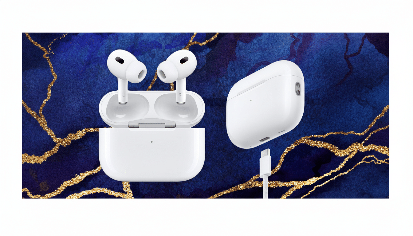 White Apple AirPods Pro 2 nd generation with their charging case and a white USB-C cable, set against a dark blue background with gold mar bling. Filename : airpods pro2nd gen 1 69. png