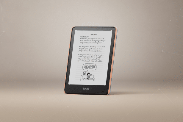 A Kindle e-reader displaying a page from Diary of a Wimpy Kid on a neutral , soft gradient background with subtle abstract patterns. Filename : kindlew impykid . png