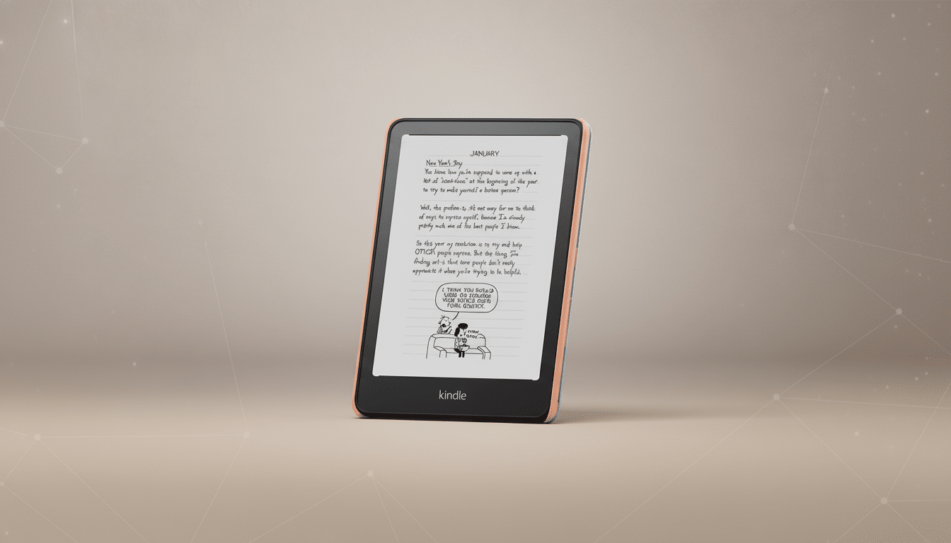 A Kindle e-reader displaying a page from Diary of a Wimpy Kid on a neutral , soft gradient background with subtle abstract patterns. Filename : kindlew impykid . png