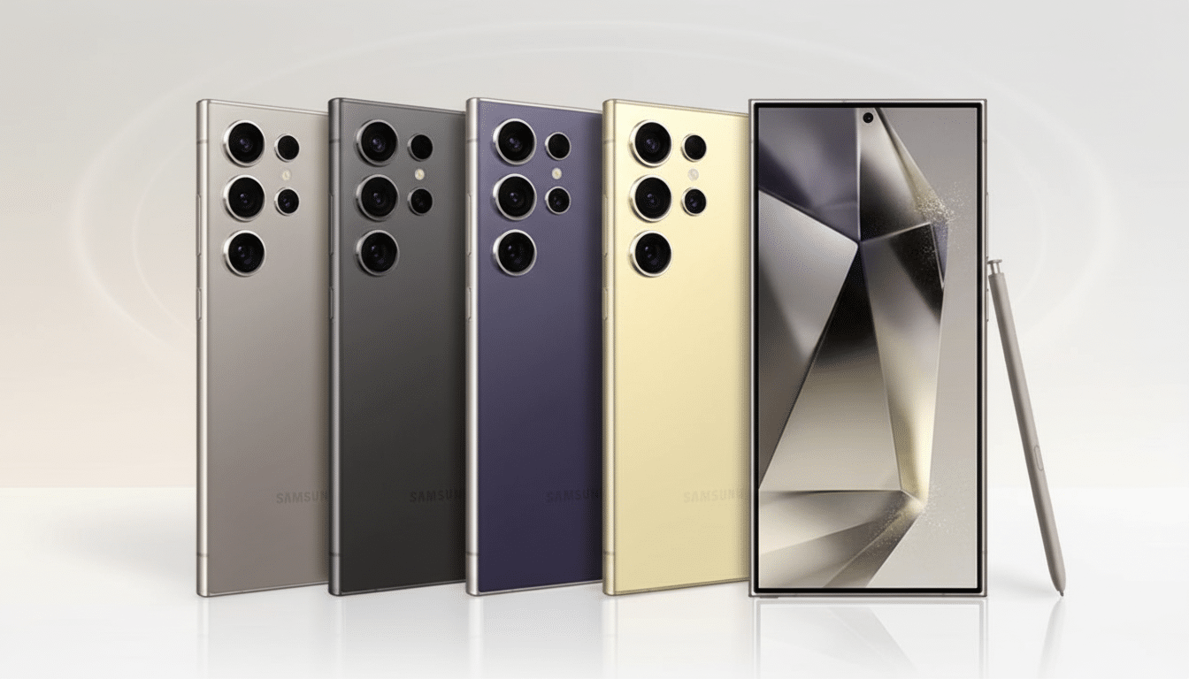 A professional display of four Samsung Galaxy S23 Ultra phones in different colors ( tan, black , purple, and gold), with one phone displaying a screen and an S Pen next to it, against a subtle gradient background .