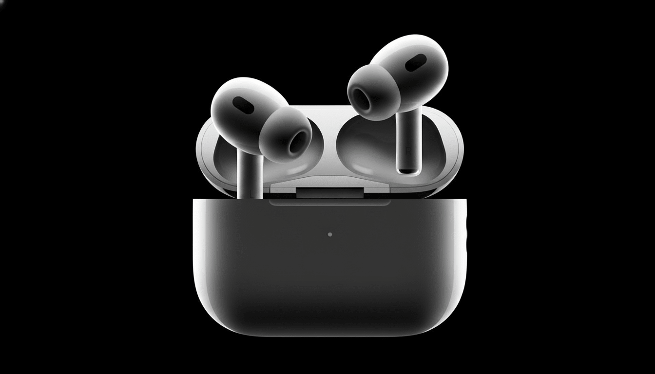 Apple AirPods Pro 2 nd generation in their charging case, with a subtle green indicator light visible , on a dark background. Filename : airpods pro2nd gen 1 69. png