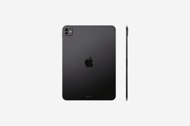 A dark gray iPad Pro shown from the back and side , featuring the Apple logo and camera array, set against a clean white background.
