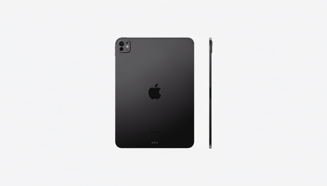 A dark gray iPad Pro shown from the back and side , featuring the Apple logo and camera array, set against a clean white background.