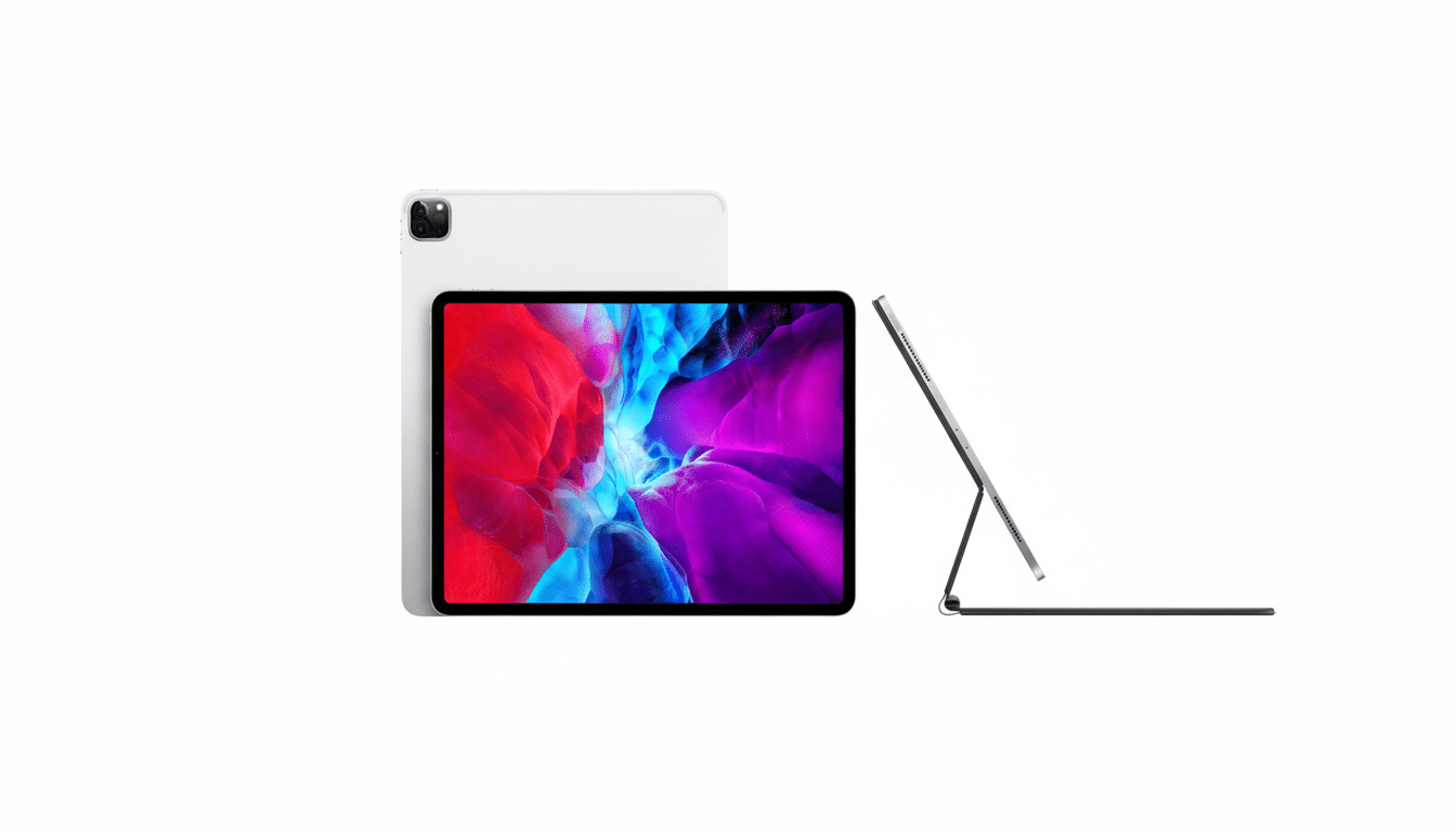 alt = A 16 :9 aspect ratio image showing three different views of an iPad Pro: from the back, from