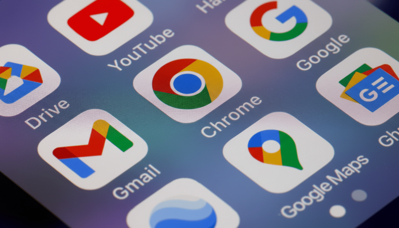 Close -up of Google app icons on a smartphone screen, including YouTube, Chrome , Gmail, and Google Maps, presented in a 16:9 aspect ratio.