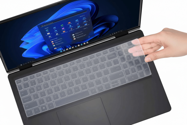 A hand holding a transparent keyboard cover over a black laptop, with the screen displaying a blue- themed operating system interface .