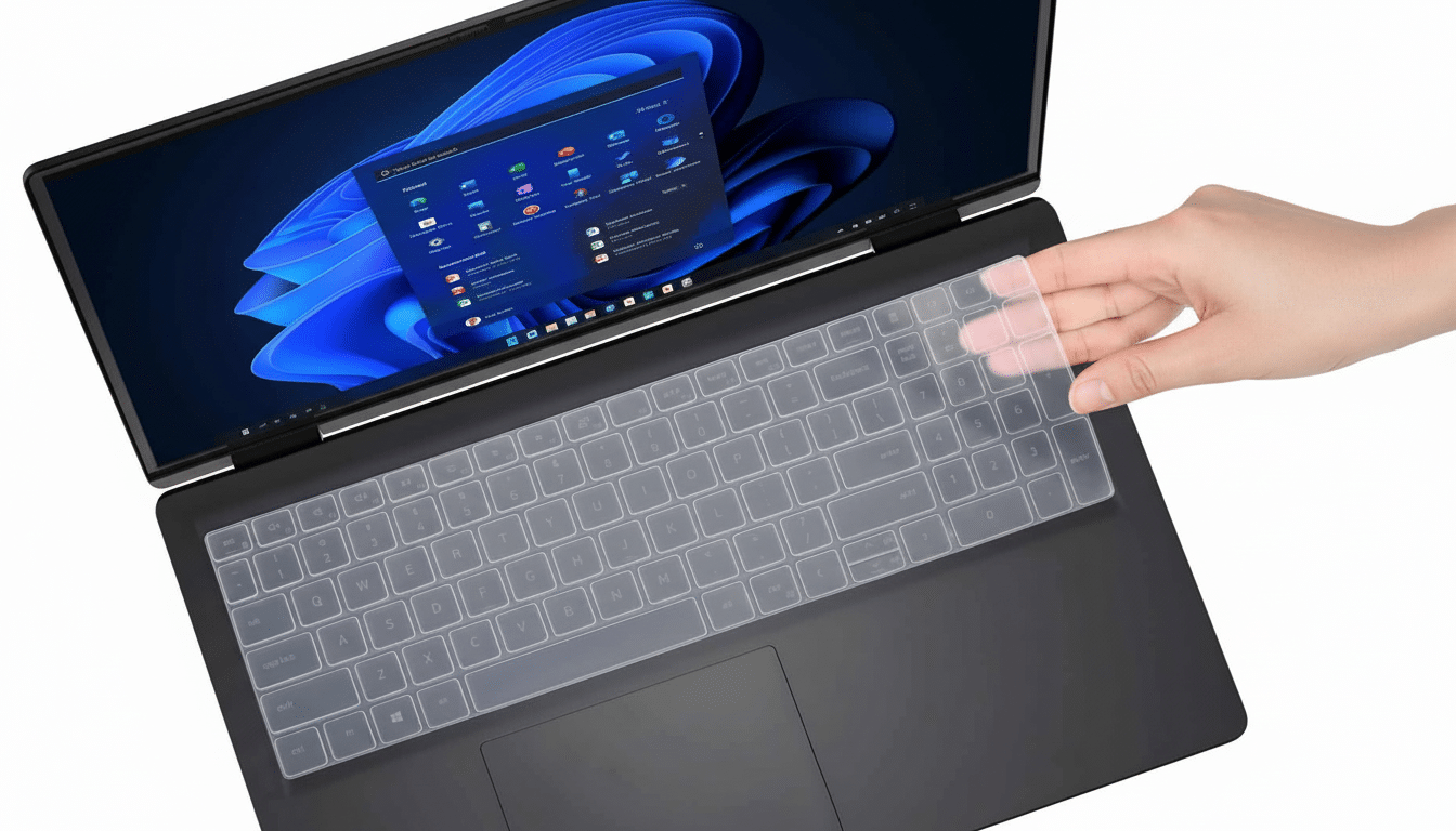 A hand holding a transparent keyboard cover over a black laptop, with the screen displaying a blue- themed operating system interface .