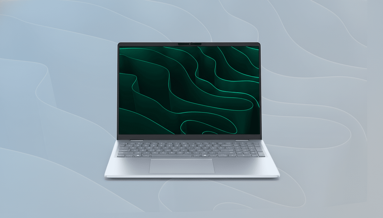 Text : A modern silver laptop with a dark green abstract wallpaper on its screen, placed on a light