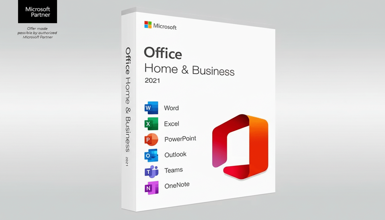 Microsoft Office Home & Business 202 1 software box in a 16:9 aspect ratio with a clean , professional background.