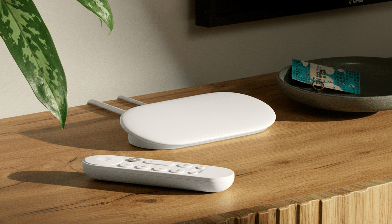 A white, oval-shaped streaming device with two antennas and a matching white remote control on a wooden surface next to a green plant.