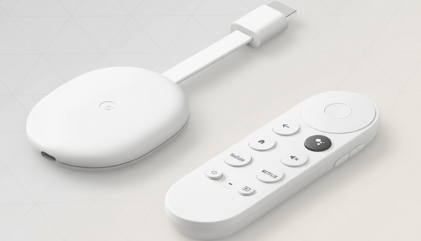 A white Google Chromecast with Google TV device and its matching remote control, professionally presented on a subtle, light -colored patterned backgr