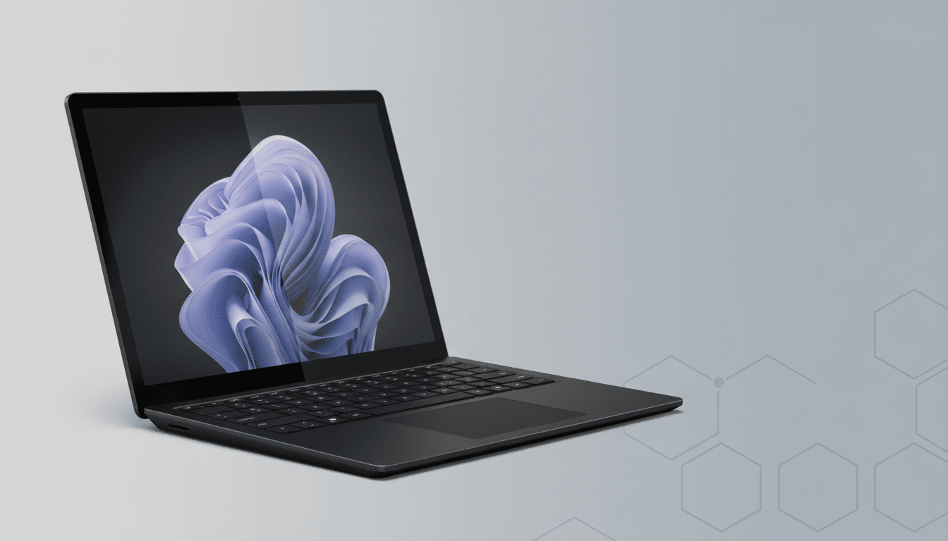 A black laptop with a lavender and blue abstract wallpaper on its screen, set against a light grey background with subtle hexagonal patterns.
